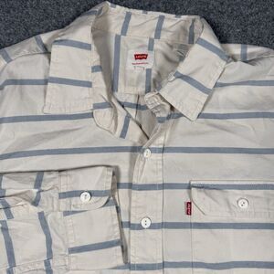 Levi's Striped Cream Blue Relaxed Fit Button Down Pocket Shirt Men’s Large